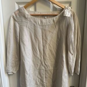 Silk Cotton Light Gray 3/4 Sleeve Blouse Bow Collar Women’s L Elegant Feminine
